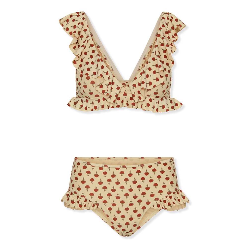 Bikini-Set, cremefarben, Aufdruck rote Erdbeeren, Oberteil mit Volants und tiefem V-Ausschnitt, hochgeschnittenes Unterteil mit Volant.