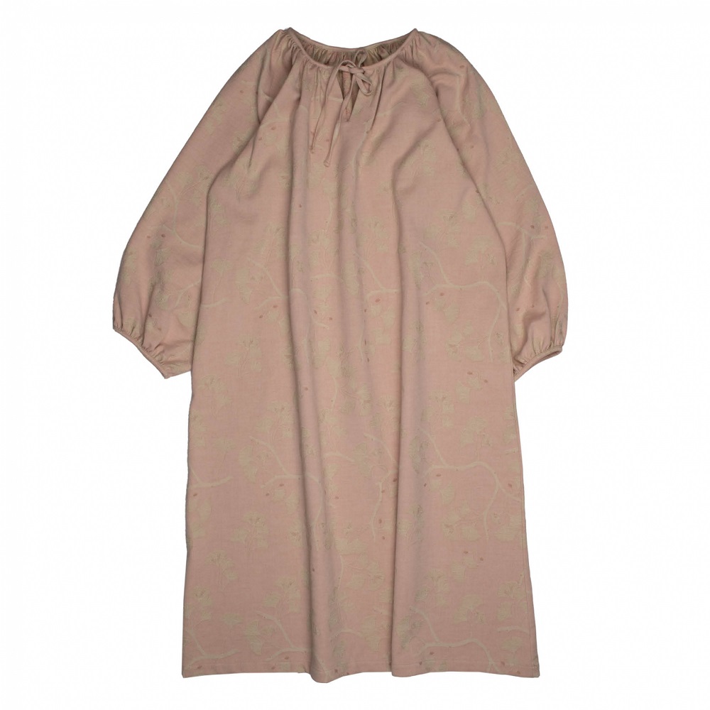 Kleid-Damen-hinten Kleid, lang, rosa, dezentes Muster, lockerer Schnitt, elastische Ärmelbündchen, runder Ausschnitt mit Schleifenband.