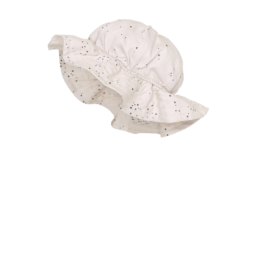 16313-CURLY-SUN-HAT-TOILE Babymütze, weiß, Sternenmuster, Rüschenrand.
