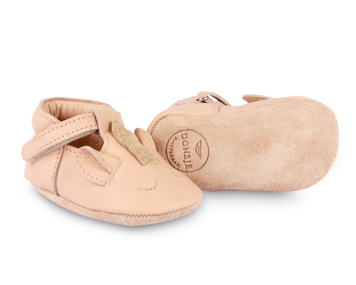 1003006_LE121_5 Babyschuhe, hellbeige, Löwen-Motiv, Klettverschluss, weiche Wildledersohle.