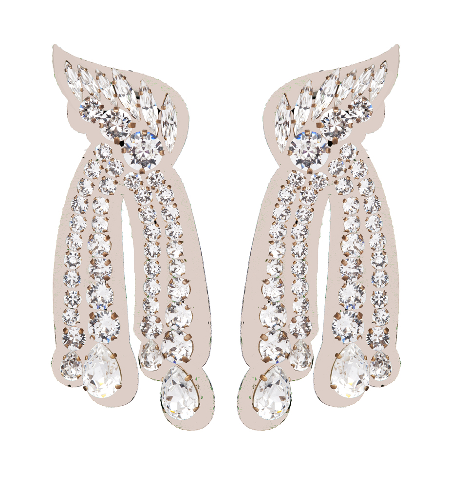 LEGEND-1-EARRINGS-NUDE Ohrringe, silberfarben, mit Strasssteinen, Flügelmotiv, tropfenförmige Anhänger.