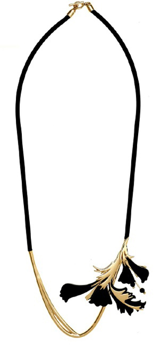 EKJEWSS16_SN004 Halskette, schwarz-gold, florales Design, weiche Bänder, asymmetrische Anhänger.