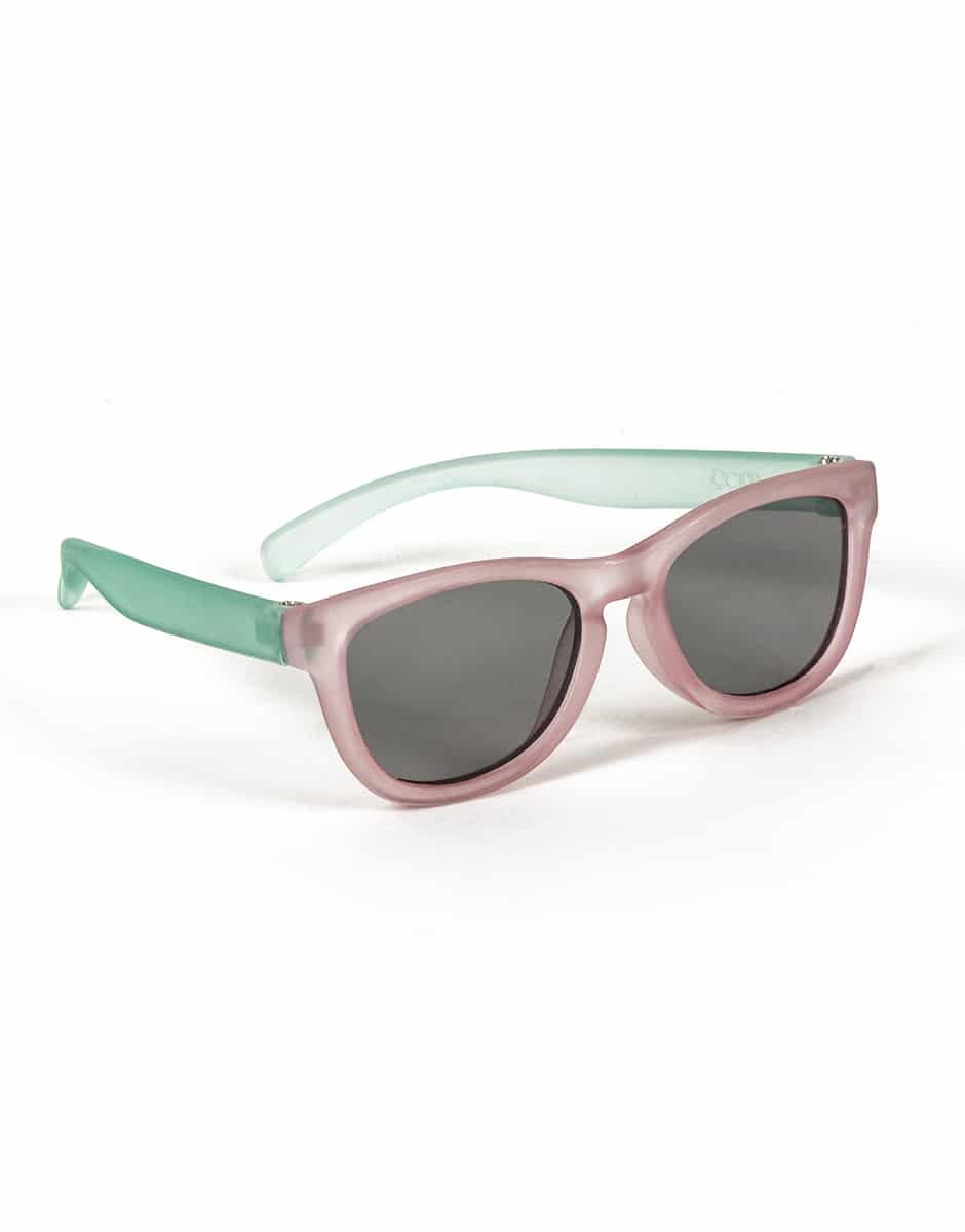 minikane-lunettes-pour-poupees-34cm-kelly1b Sonnenbrille, rosa Rahmen, mintgrüne Bügel, dunkle Gläser.