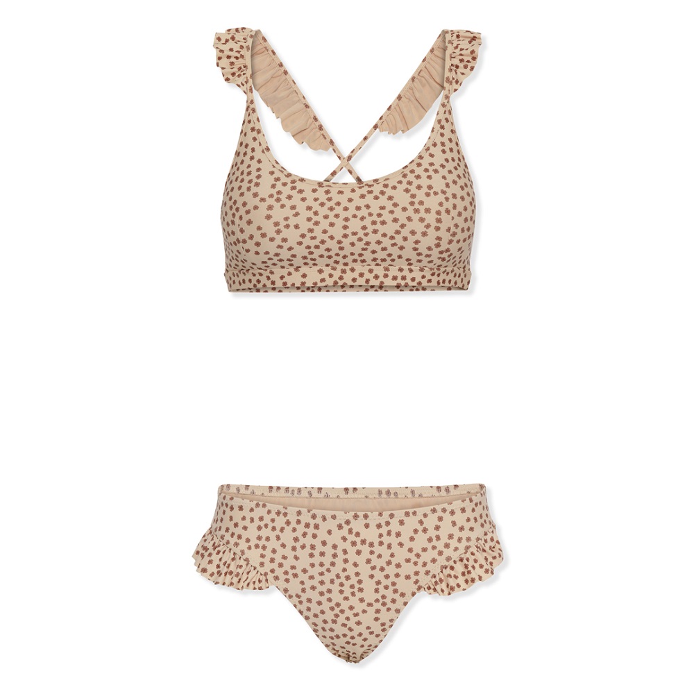 Zweiteiliger Bikini, beige mit braunen Punkten, Rüschen an den Trägern und am Saum der Hose.