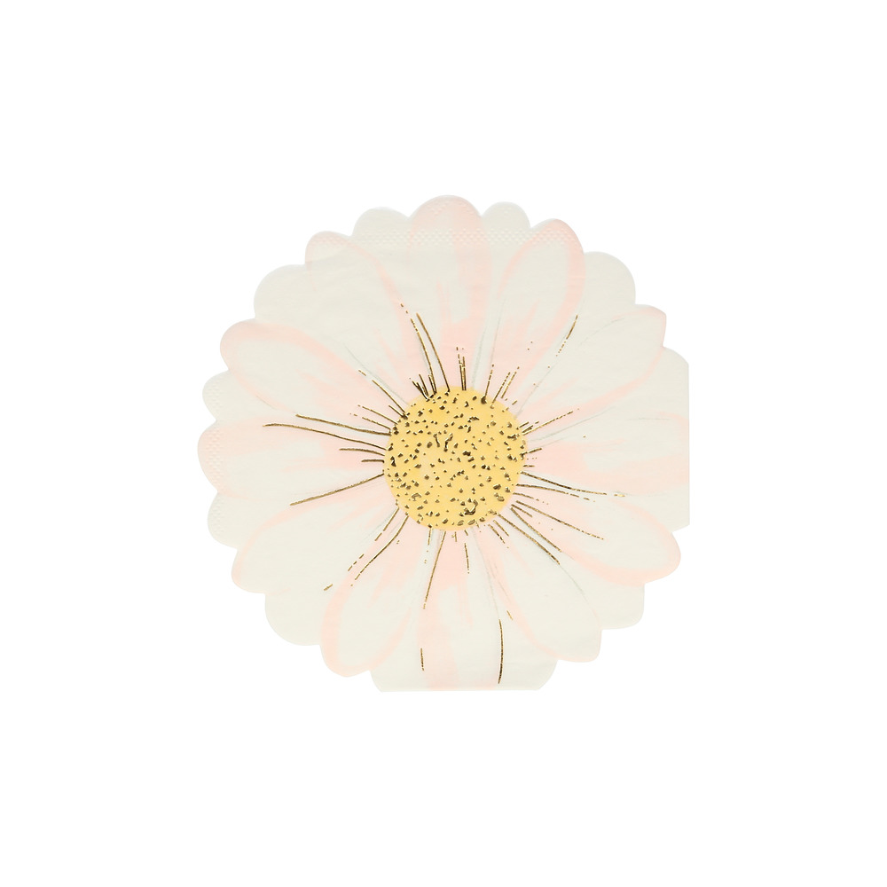 Serviette, Blumenform, weiß mit rosa und gelbem Blütenmuster, schwarze Akzente.