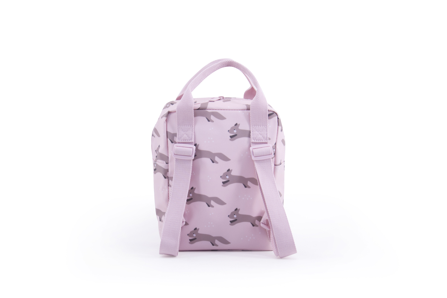 RGR_EefLillemor_backpack-fox_Pink_Back Rosa Kinderrucksack, Aufdruck springende Füchse, Tragegriff, verstellbare Schultergurte.