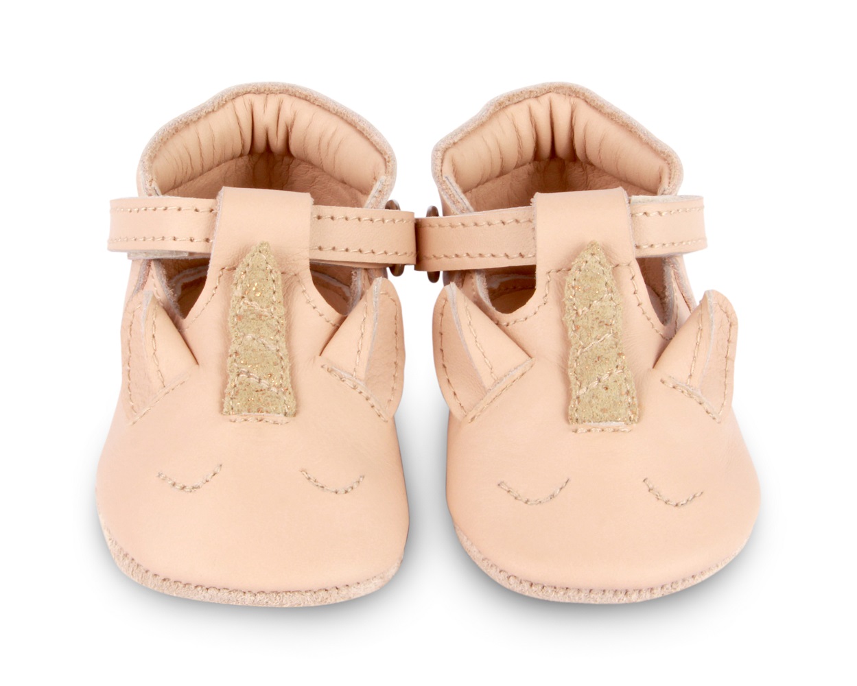 1003006_LE121_3 Babyschuhe, beige, Einhorn-Design, Ohren- und Hornapplikation, weiches Leder, Klettverschluss.