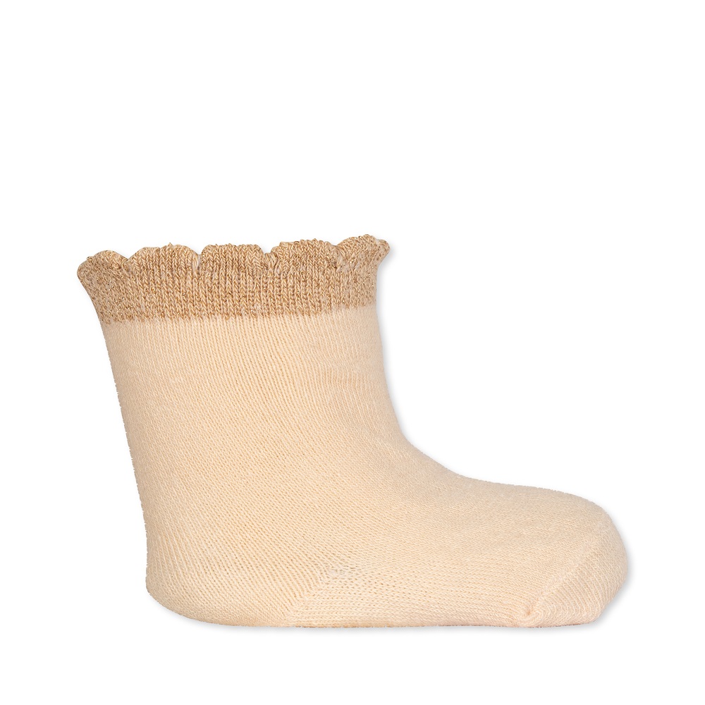 KS3759-2-PACK-LUREX-SOCKS-MON-CHERI-SHIFTING-SAND-Extra-1 Baby-Kniestrumpf, beige, gerüschter Rand, weiches Material