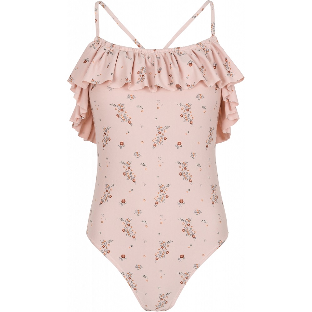 1024x1024-a9a1a34dce0920f95c775f5a1e584417 Badeanzug, rosa, Rüschen am Ausschnitt, schmale Träger, florales Muster in Rot- und Grüntönen, einteiliger Schnitt.