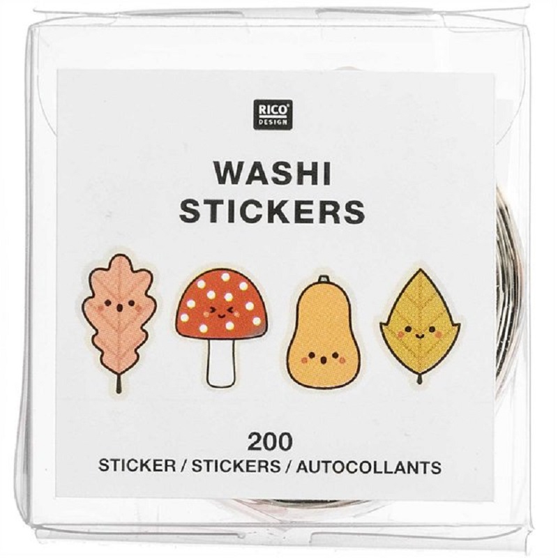 99001-53-01_2_600x600 Sticker-Set, Washi-Material, 200 Stück, Motive: Herbstblatt, Fliegenpilz, Birne, gelbes Blatt, Gesichter-Aufdruck, Verpackung: transparente Box, Marke: Rico Design.