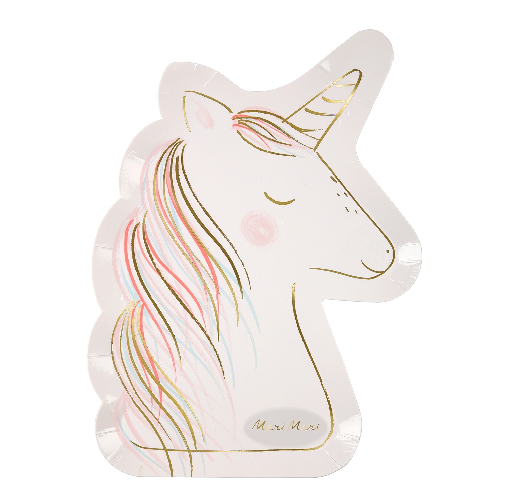 173611b_18E Einhorn-Pappteller, weiß, bunte Mähne, Goldakzente, pastellrosa Wangen, geschlossener Mund.