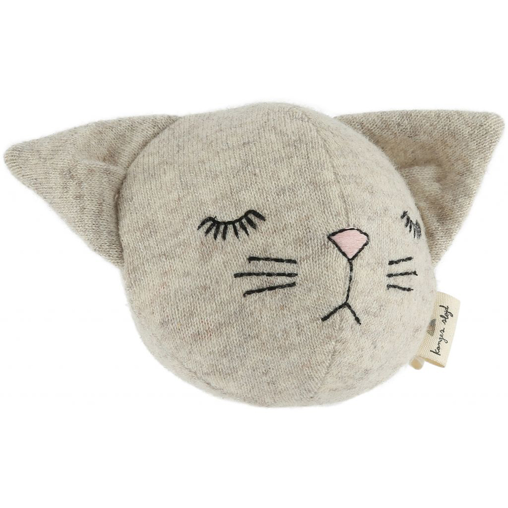 16288-CAMEL-MELANGE-Main Kuscheltier-Kopfkissen, hellgrau, Katzenform, gestickte Augen und Schnurrhaare, rosa Nase