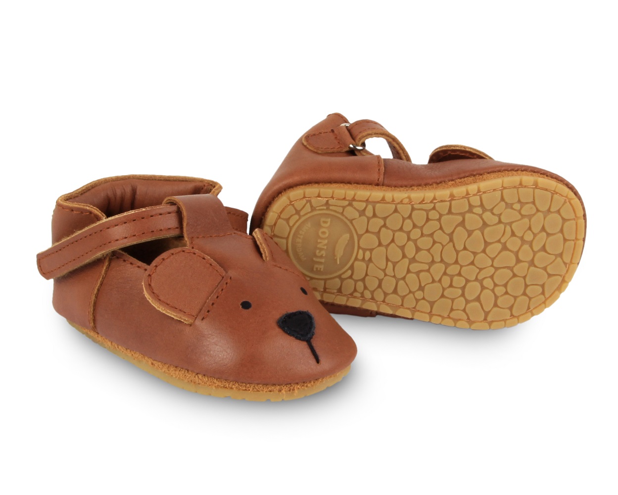 1002008_PU003_6 Braune Babyschuhe, Lederoptik, Klettverschluss, Bärenmotiv mit Gesicht und Ohren, rutschfeste beiger Sohle.