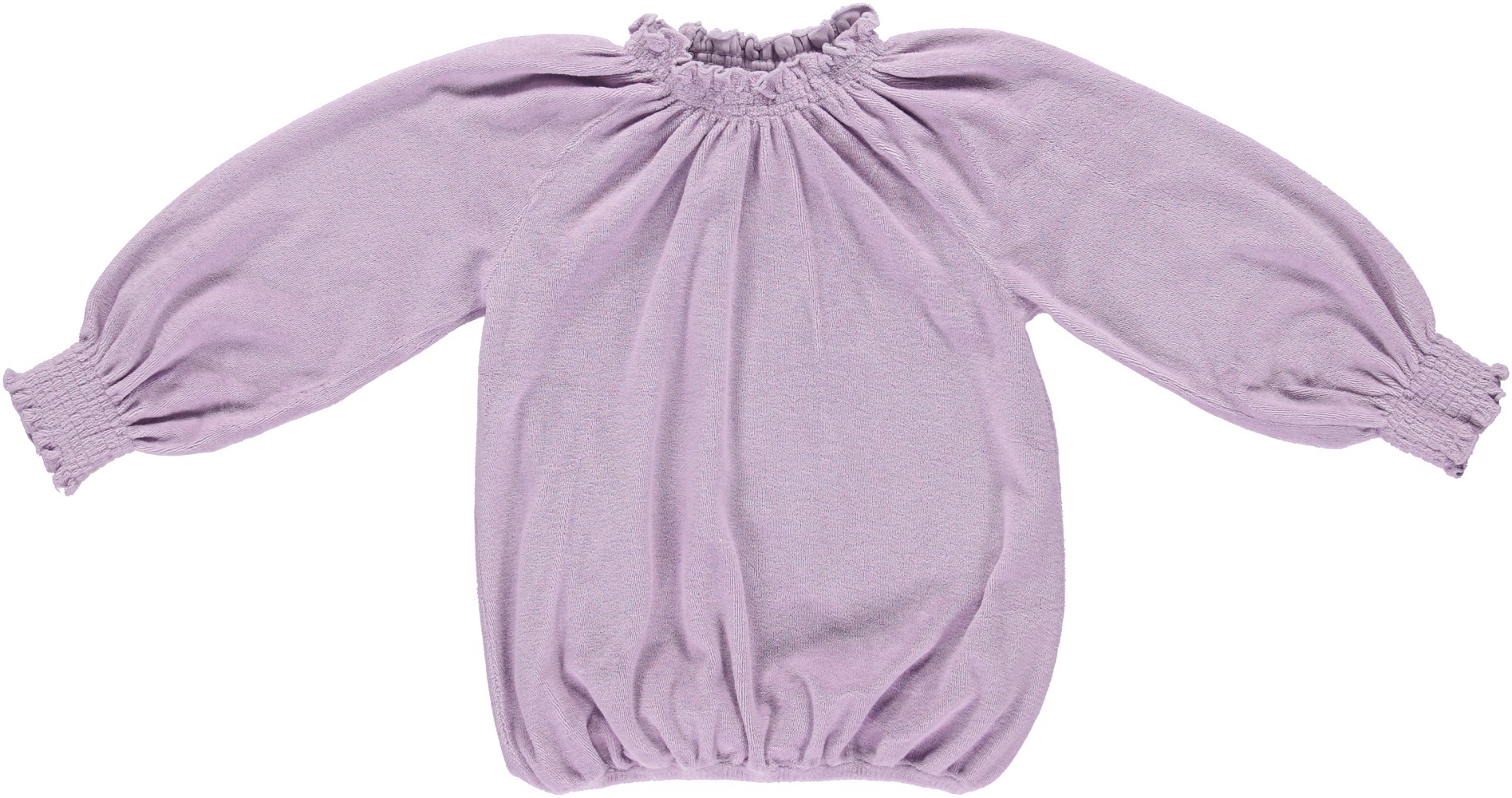 liss22_016_Terry-Smocked-Blouse_lavender Bluse, langärmelig, Fliederfarbe, geraffter Kragen und Bündchen, lockere Passform.