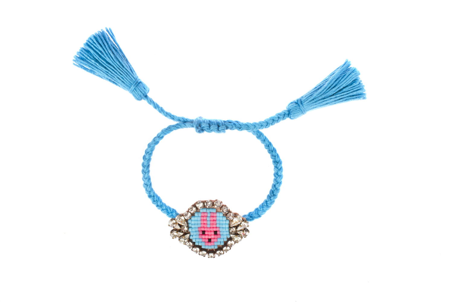 BRACELET-RABBIT Armband, blau, geflochten, Quasten, runder Anhänger, kristallverziert, rosa-blauer Pixelaufdruck, Handzeichen.