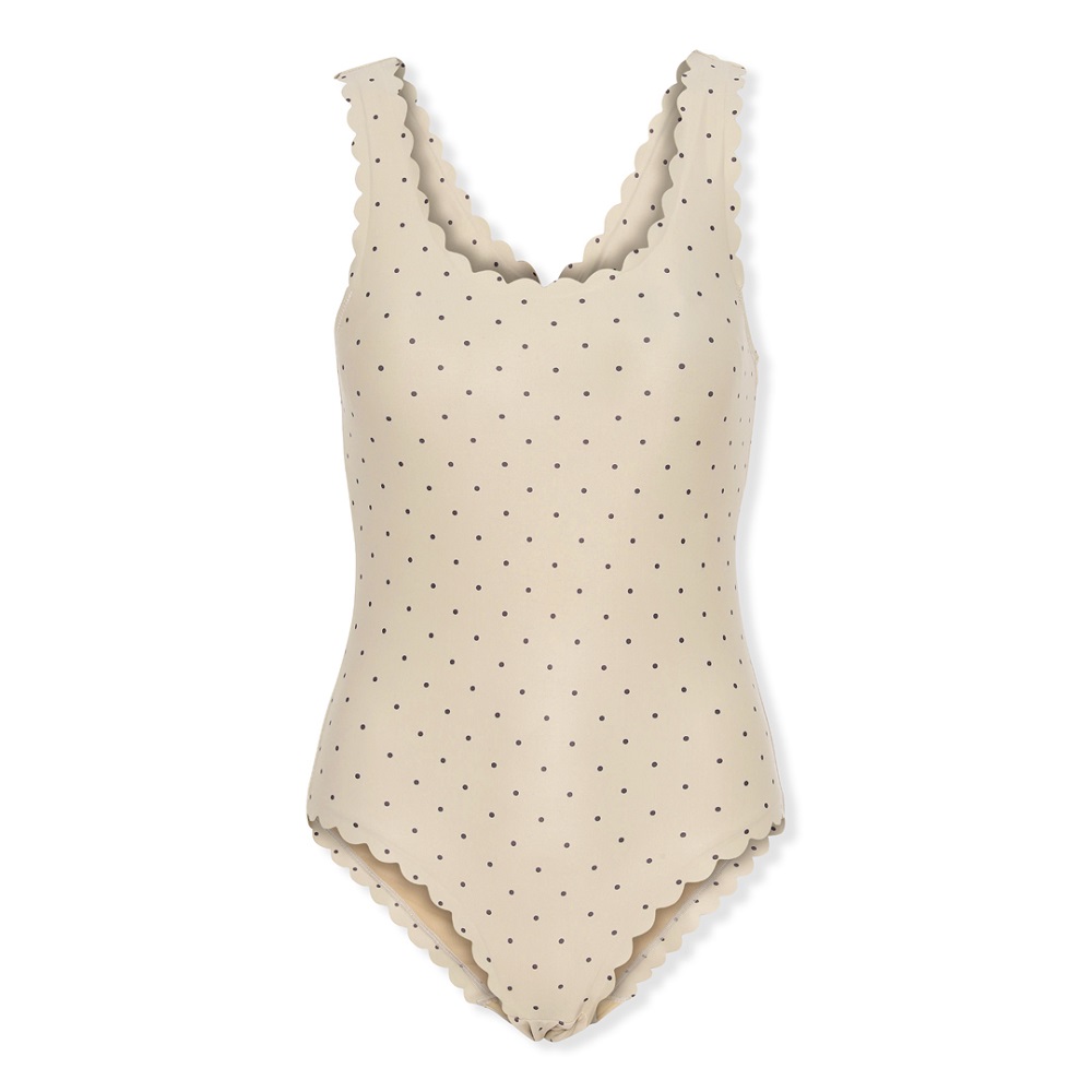 Beiger Badeanzug, dunkle Pünktchen, Wellensaum, ärmellos, tiefer Rücken.