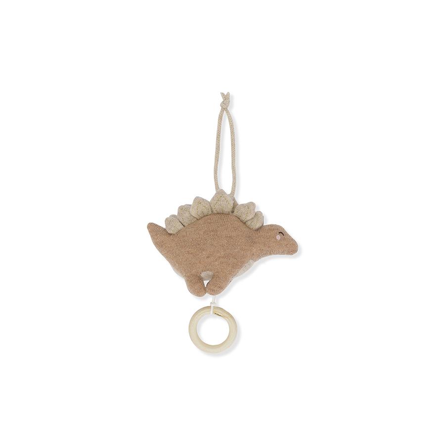 konges-slojd-spieluhr-stegosaurus-rose Stofftier, Dinosaurier-Form, Braun, Beige, Aufhängung, Spieluhr mit Ring.