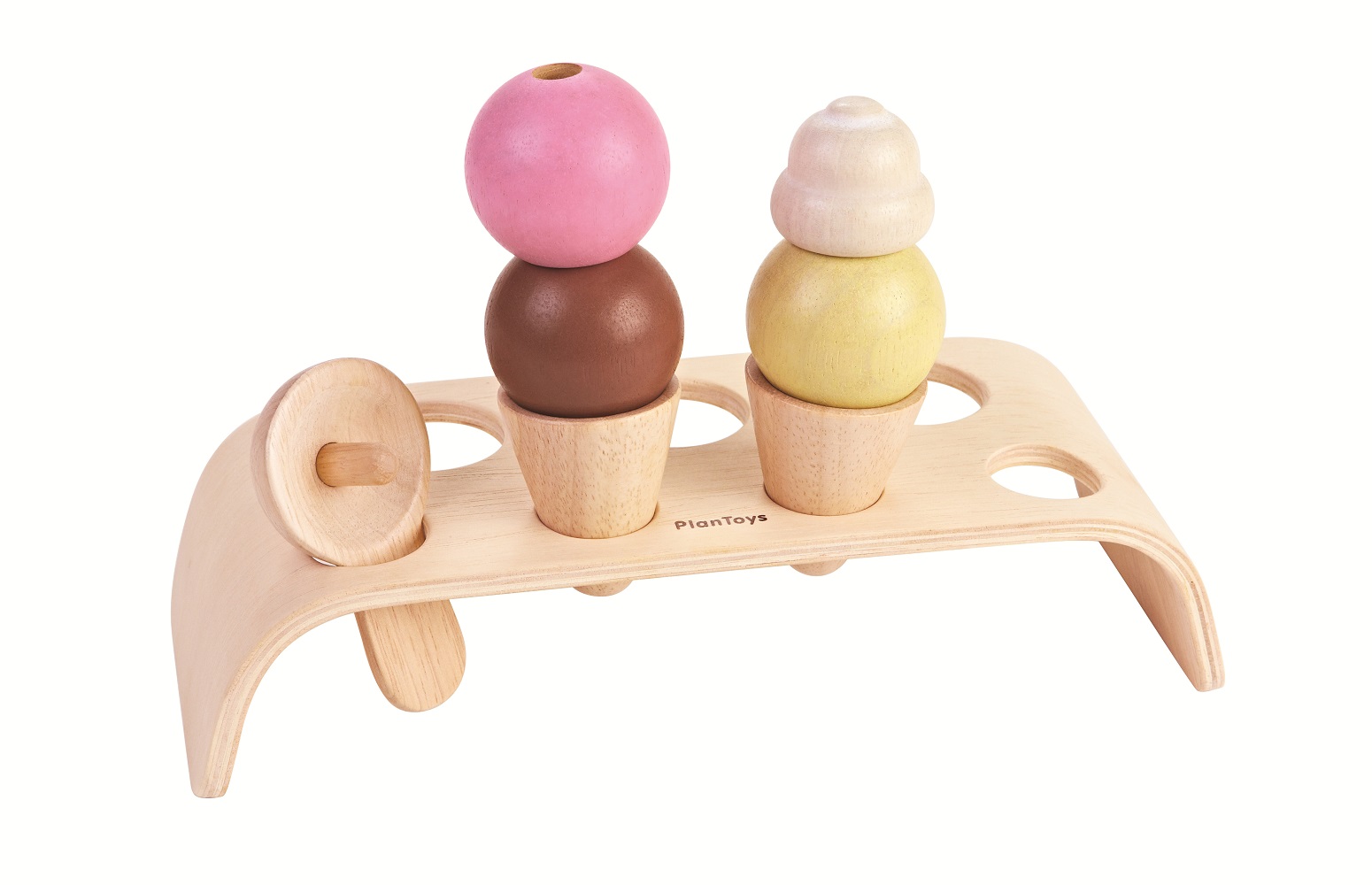 4003486 Holzeiscreme-Set, drei Eiskugeln in rosa, braun, gelb, zwei Waffeln, Holzlöffel, Holzhalterung.
