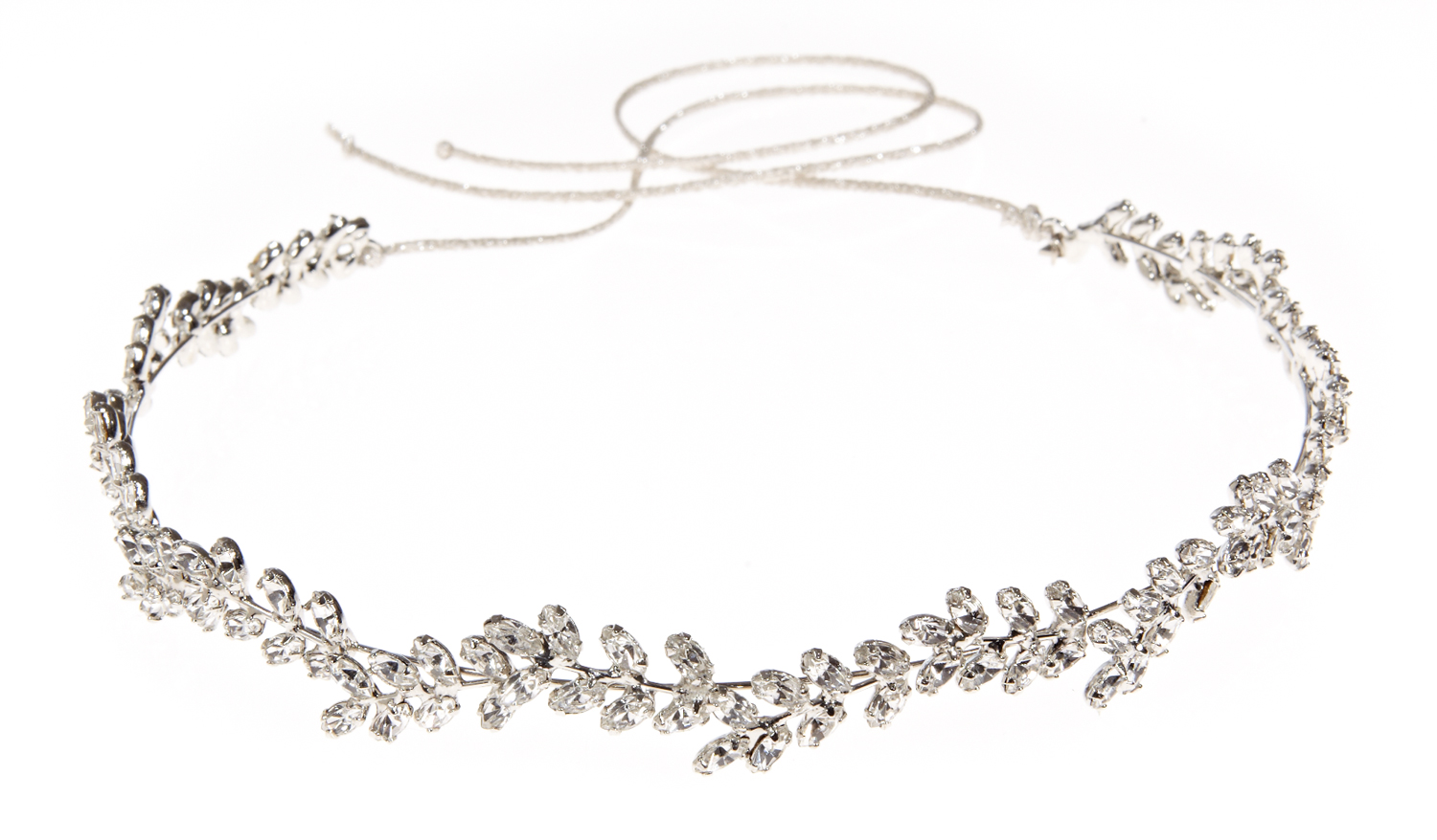 50UA1-12S_product_hi_res Haarband, silberfarben, kristallbesetzt, florales Design, filigrane Blattformen, dünnes Band.