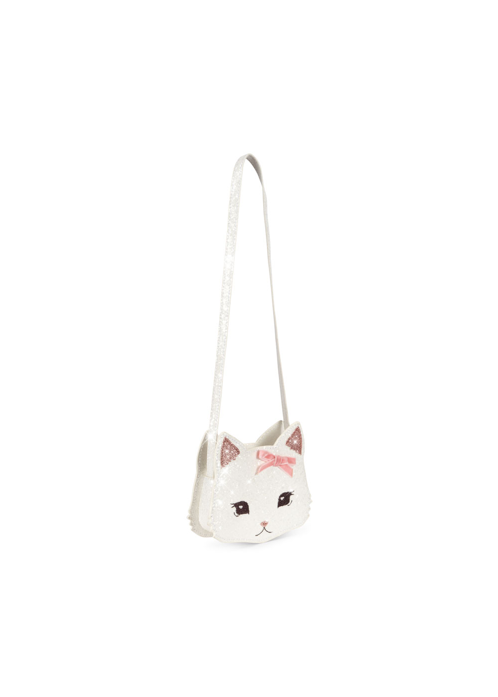 Handtasche, Katzenmotiv, weiß glitzernd, rosa Schleife, langer Schulterriemen.