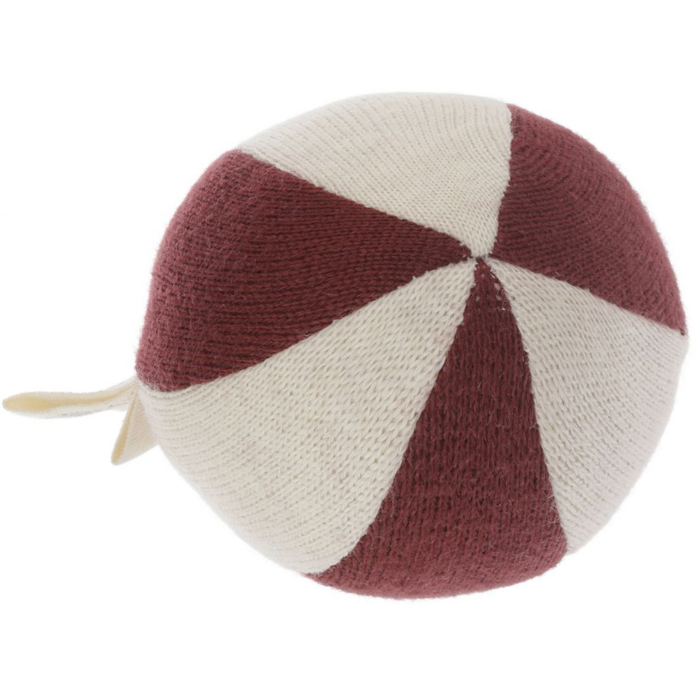 KS1185-BORDEAUX-Main Gestrickter Ball, Streifenmuster rot und weiß, kleiner Zipfel, weiche Oberfläche.