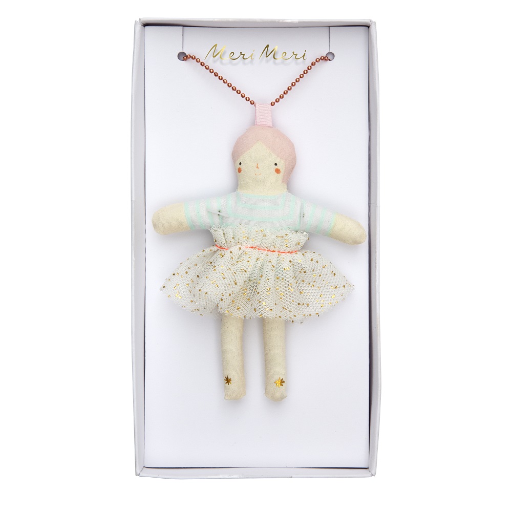 187972a_19E Stoffpuppe, pastellfarben, Streifenkleid, Tüllrock mit goldenen Punkten, rosa Haare, Verpackung in Weiß.