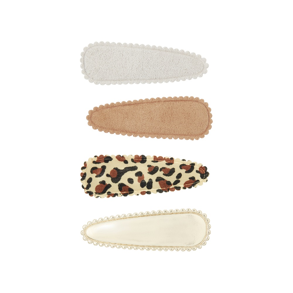 SAFARI_MABEL Haarspangen, vier Stück, Spitze: Weiß, Rosa; Muster: Leopard; Glänzend: Beige, abgesteppt.