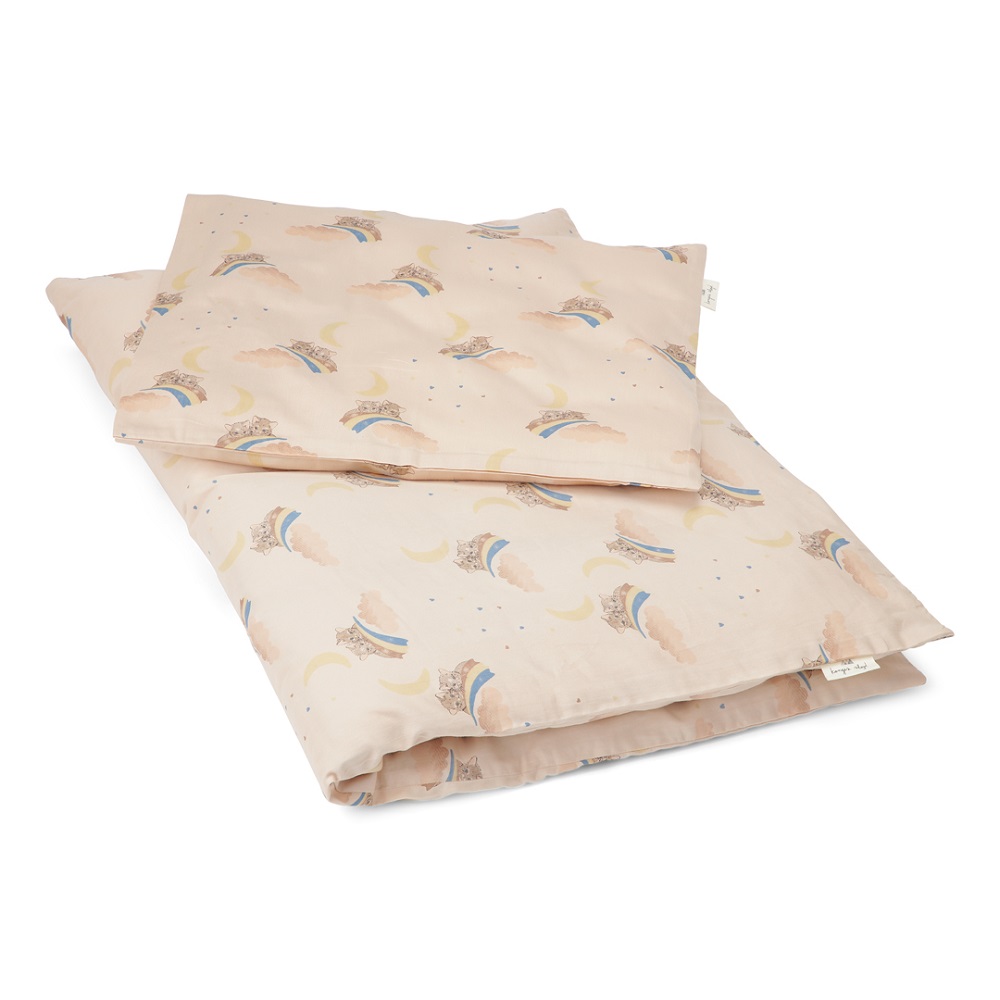 KS3402-ADULT-BEDDING-RAINBOW-KITTY-Extra-0 Kinderbettwäsche-Set, Cremefarben, Aufdruck mit Regenbogen, Wolken, Monden und Sternen, weiche Baumwolle.