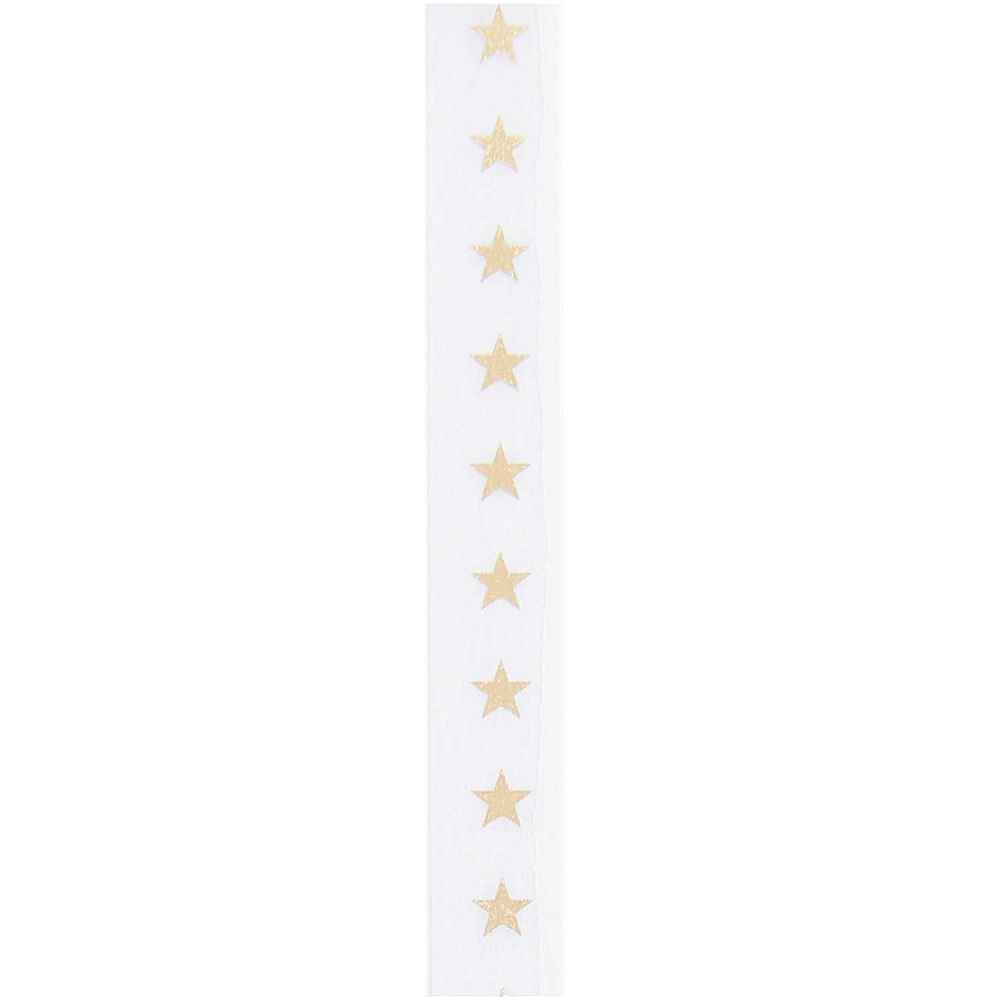 300485_3 Weißes Geschenkband, goldene Sterne, schmal, gerollt.