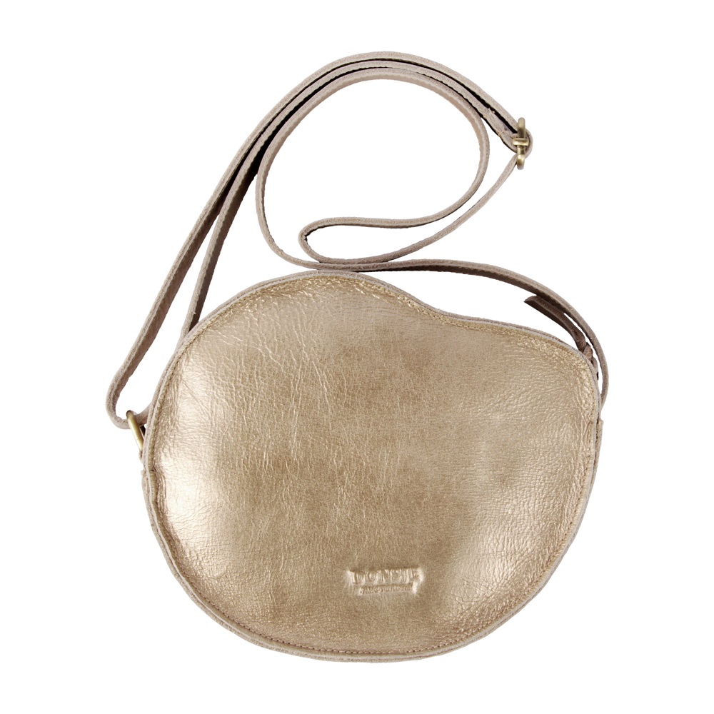Shelly-Moon-shell-Back Runde Tasche, goldfarben, Lederoptik, verstellbarer Schulterriemen, dezentes Logo unten.