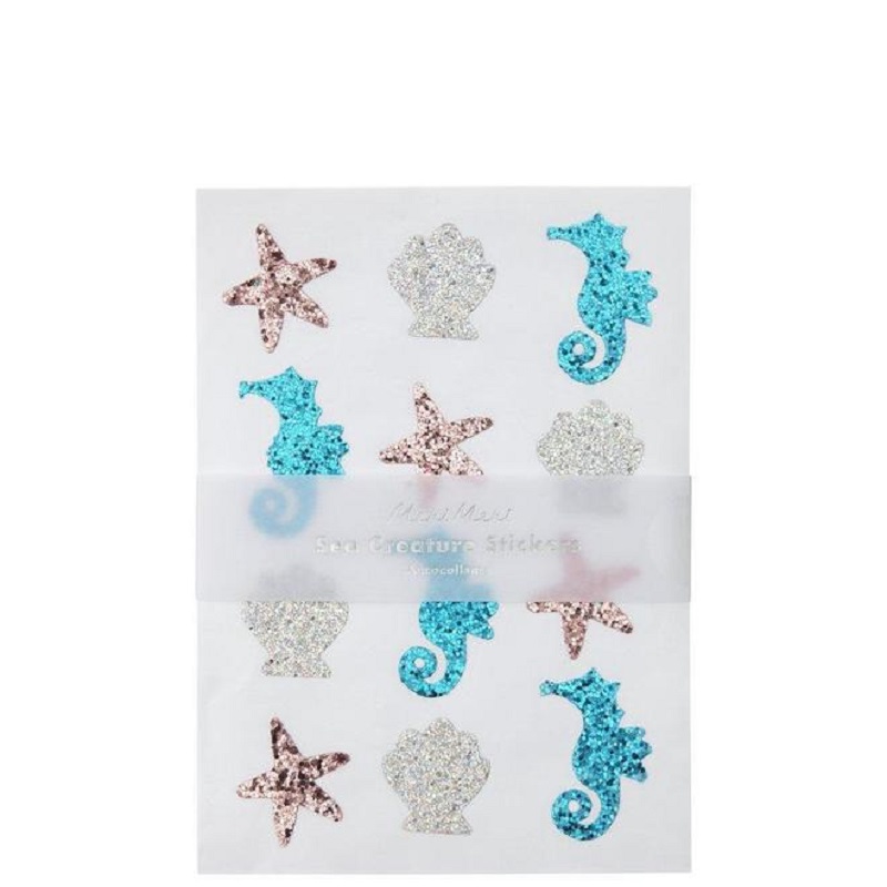 5c1a5bc055b35d23470000aacb1e4f66_660x Stickerbogen, Seestern, Seepferdchen, Muschel, Glitzeraufdruck, blau, silber, rosa, Matt Matt, transparente Verpackung.
