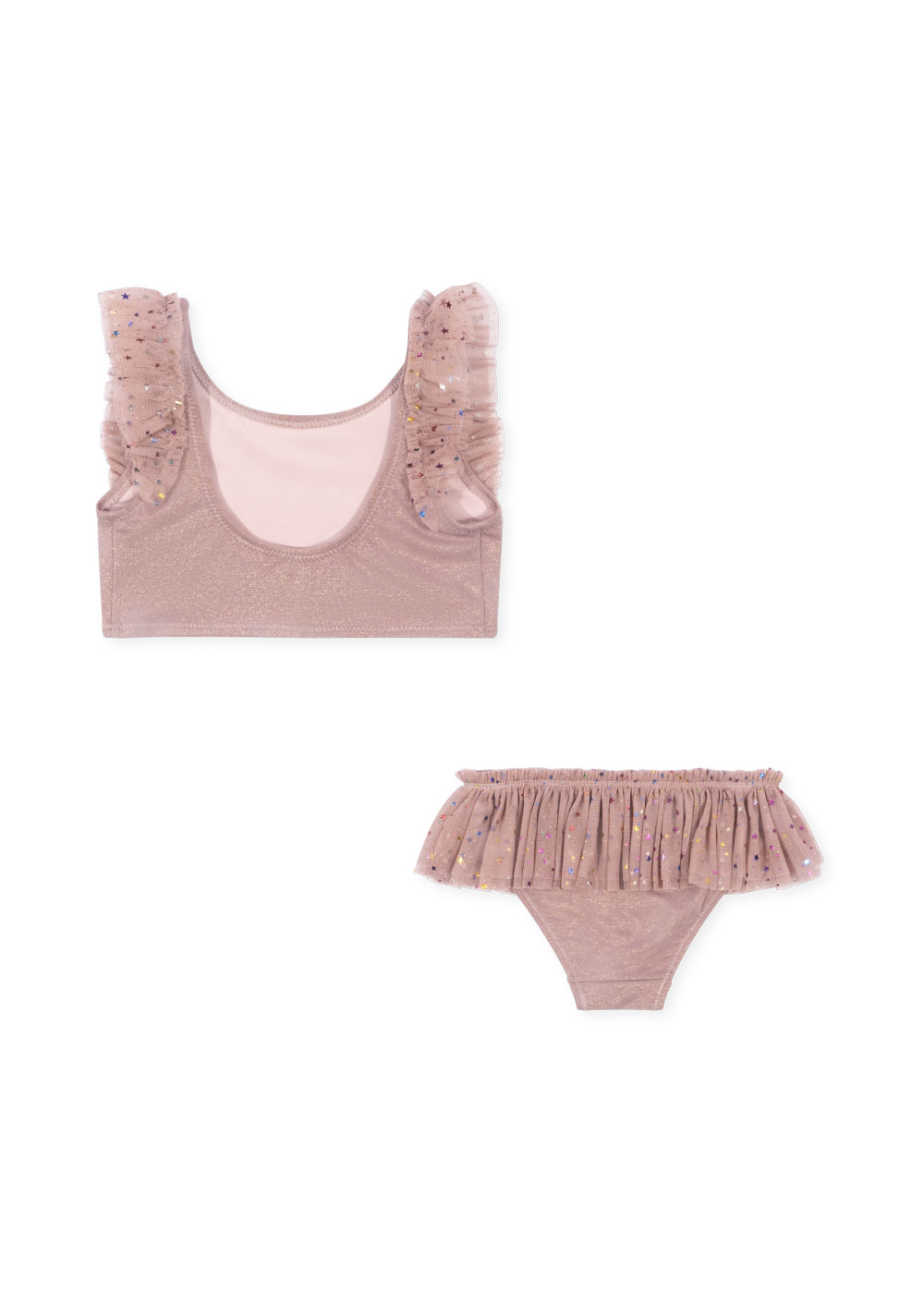 Zweiteiliges Bikini-Set für Mädchen, rosa, glitzernder Stoff, Oberteil mit Rüschen und buntem Glitzerdruck, Unterteil mit Rüschen und buntem Glitzerdruck.