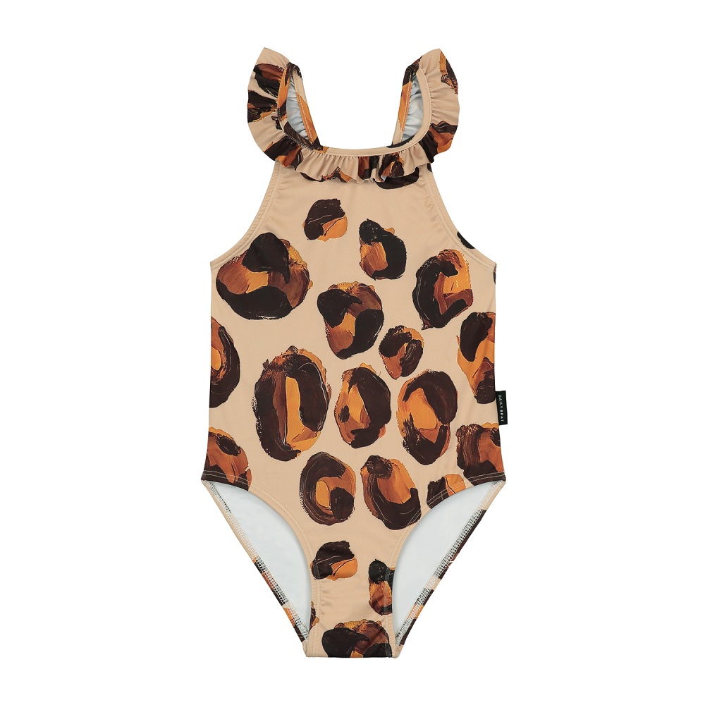 Kinder-Badeanzug, beige, Leopardenmuster, braun-schwarz, Rüschen an Trägern