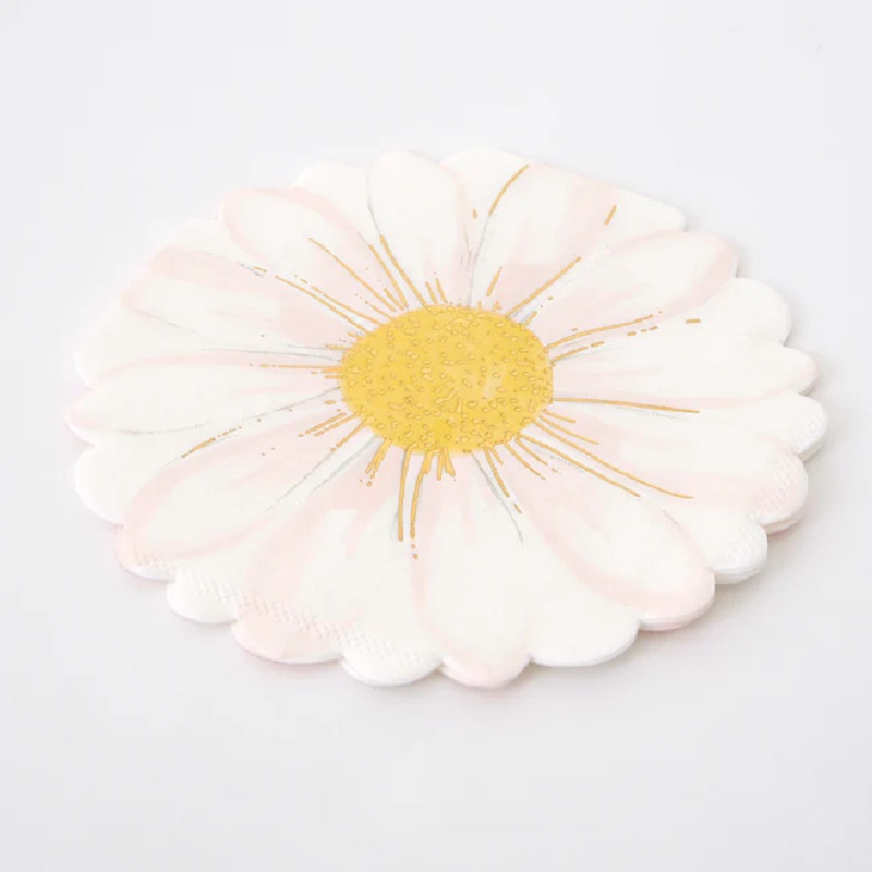 Papieruntersetzer, Blumenform, Weiß mit rosa und goldenen Details.