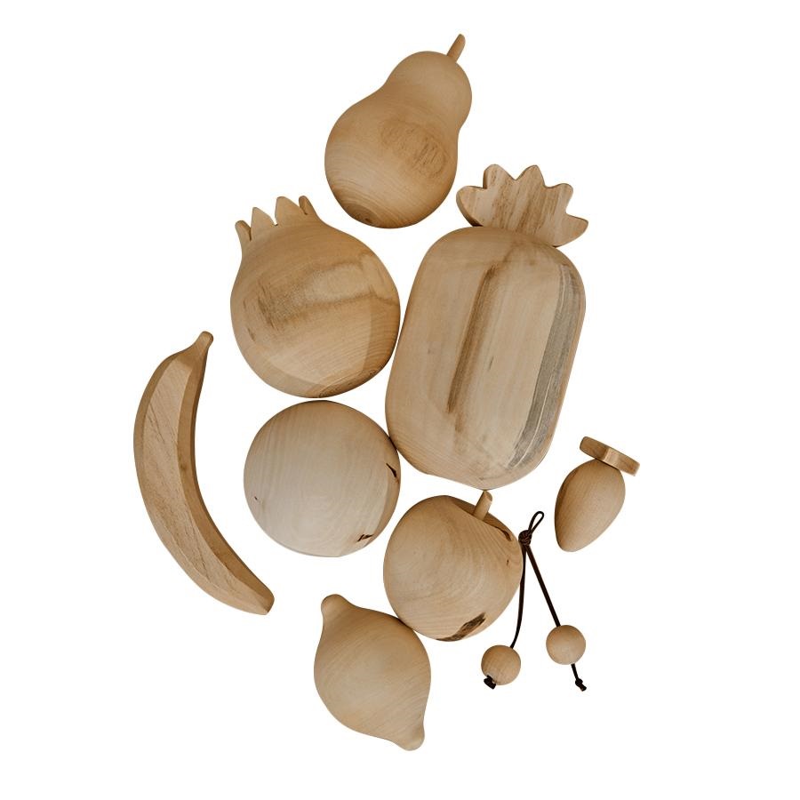 raduga-grez-holzspielzeug-fruits-set-natural-1 Holzspielzeug, Obstformen, naturbelassen, Banane, Apfel, Birne, Zitrone, Granatapfel, Ananas, Holzperlen, glatt, minimalistisch