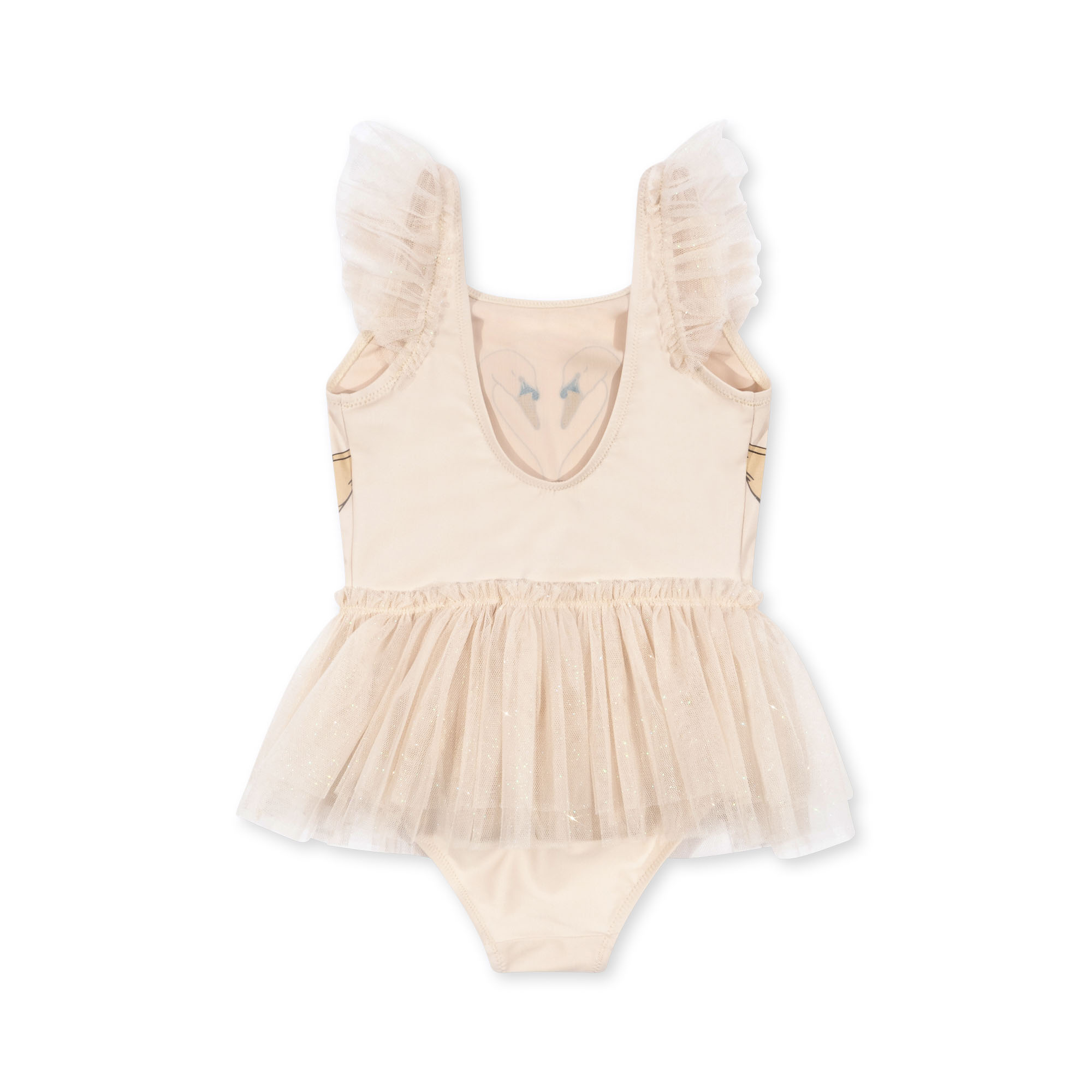 Kinderbadeanzug, beige, Tüllröckchen, Flügelärmel aus Tüll, Schwanenaufdruck vorne.