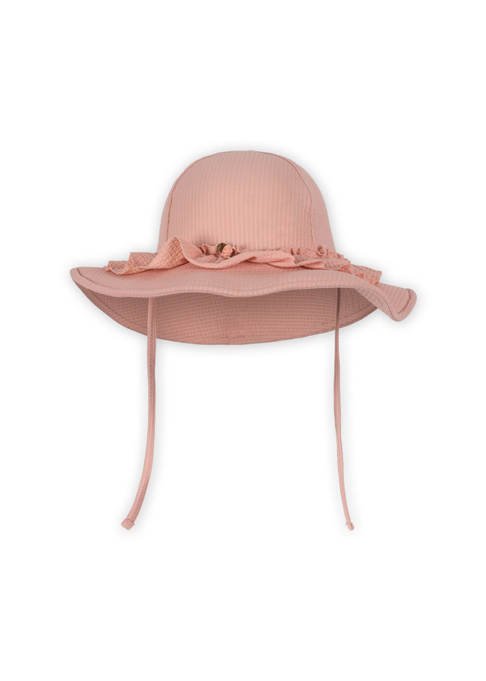 Damen-Sonnenhut, rosa, mit Rüschen und Blumenapplikationen, Schirm und Kordel.