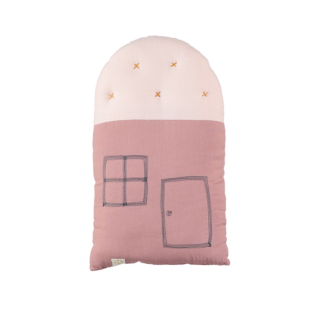C17BP_front Kissen; rosa und cremefarben; Hausform; gestickte Details: Fenster, Tür, Sterne; rechteckig; weiche Oberfläche.