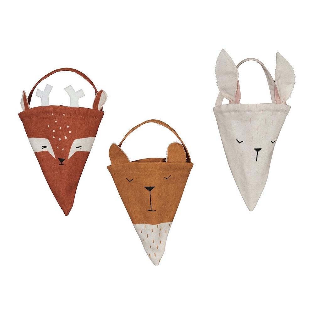 FBL20Christmas20cones Drei Stofftüten, Tiergesichts-Aufdruck: rotbrauner Fuchs, brauner Bär, cremefarbener Hase; Henkel an jeder Tüte.