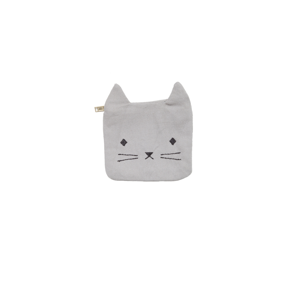 coinpurse-cat-2 Waschlappen, hellgrau, Katzenmotiv, gesticktes Gesicht, Ohrenapplikation