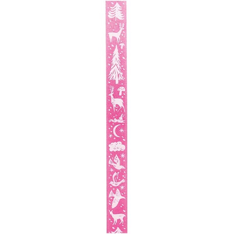 99001-80-06_3_600x600 Klebeband, pink, weiße Waldmotive, Tannenbaum, Hirsch, Hase, Vogel, Mond, Sterne.