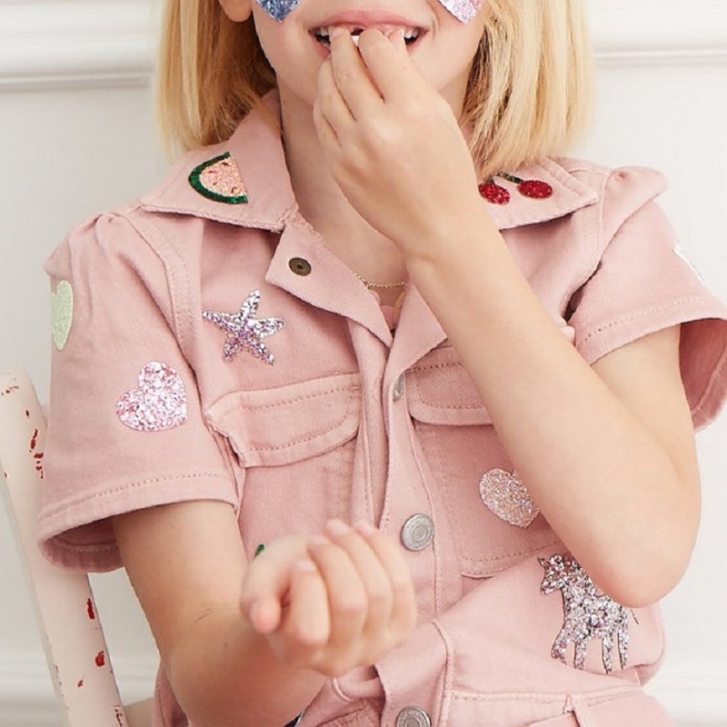 HR_221688b_660x Kinderjacke rosa, Aufnäher: Glitzerherzen, Seestern, Kirschen, Melone, Einhorn.