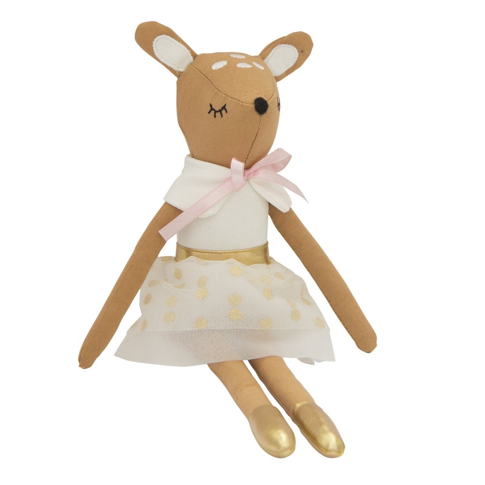 9522107-Schlenkerpuppe-Reh-2 Stoffpuppe Reh, braun-beige, weißes Tutu mit goldenen Tupfen, rosa Schleife, goldene Schuhe.
