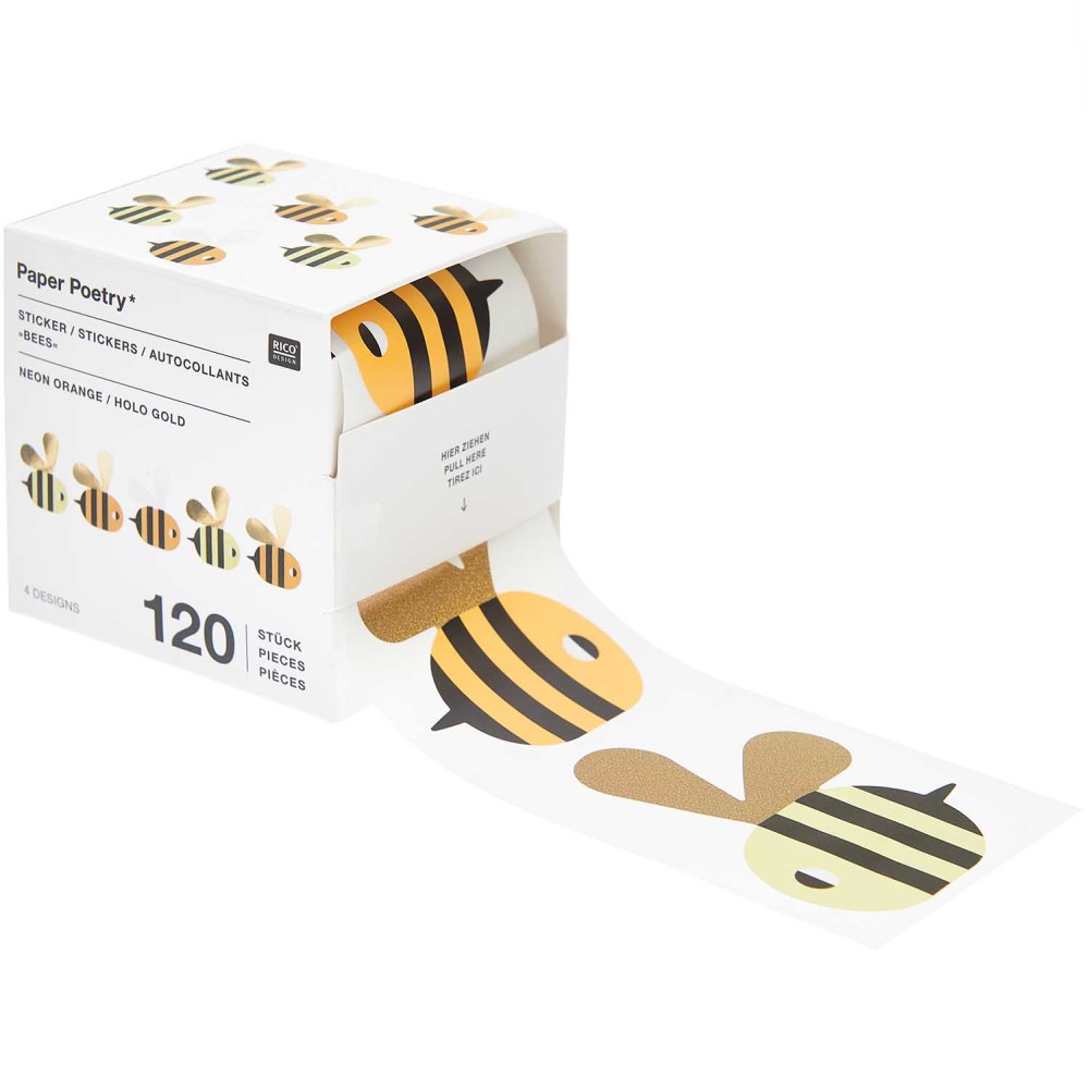 300601_1 Stickerbox, Motiv: Bienen, Farben: Schwarz, Orange, Gold, Neon-Orange, Verpackung mit herausziehbarem Streifen, 120 Stück, vier Designs.