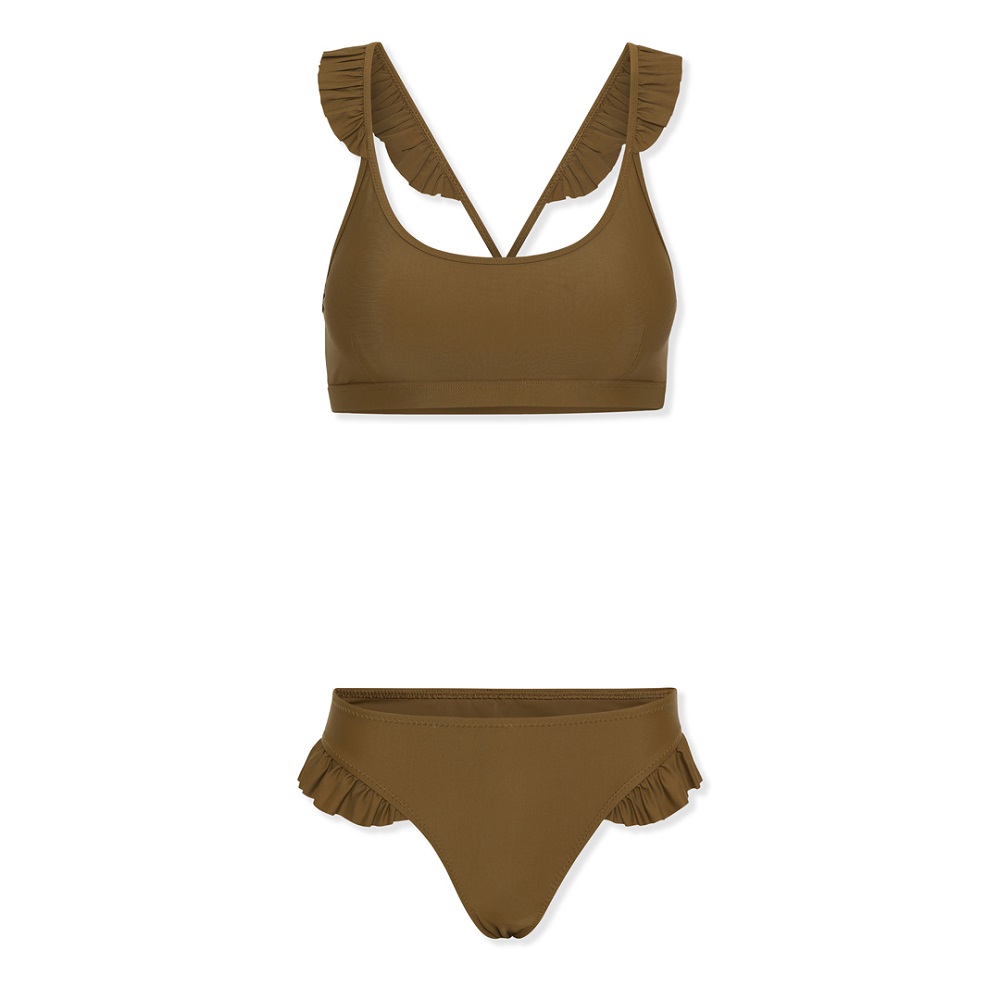 Bikini-Set, olivgrün, Rüschen-Details, trägerloses Oberteil, hoher Beinausschnitt.