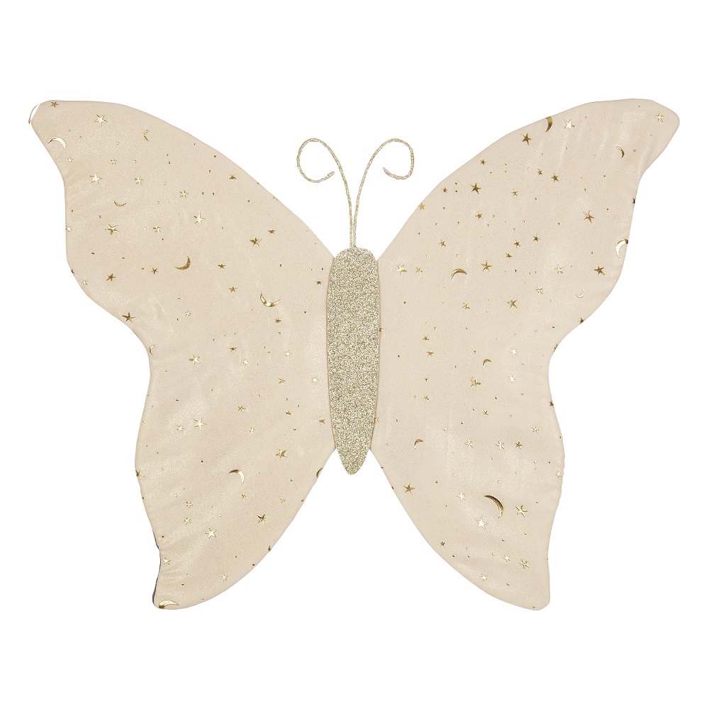 Ophelia-fairy-wings-805002-04 Schmetterlings-Kissen, beige, goldener Glitzerkörper, Aufdruck von goldenen Sternen und Monden.
