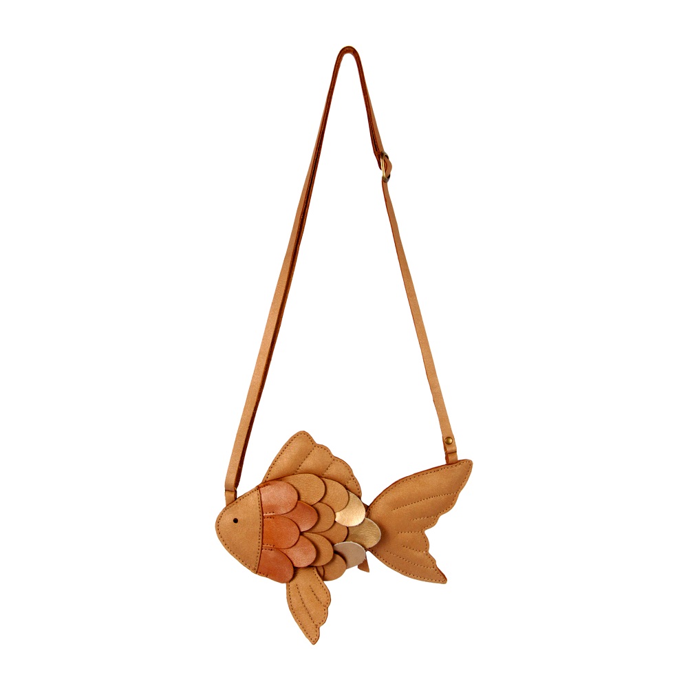Thysa-purse-Romantic-fish-Full Schultertasche, Fischform, braun, goldene und kupferfarbene Schuppen, verstellbarer Riemen.