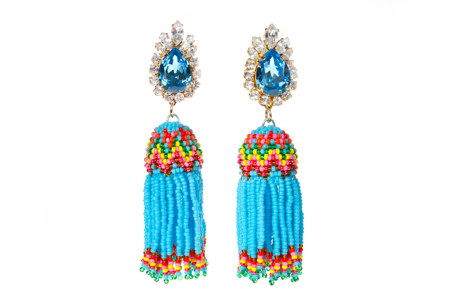 TOTEM-EARRING-TURQUOISE Ohrringe, blaue Tropfenform mit Kristallstein, bunte Perlenquasten, mehrfarbig, blau, rot, gelb, grün, orange.