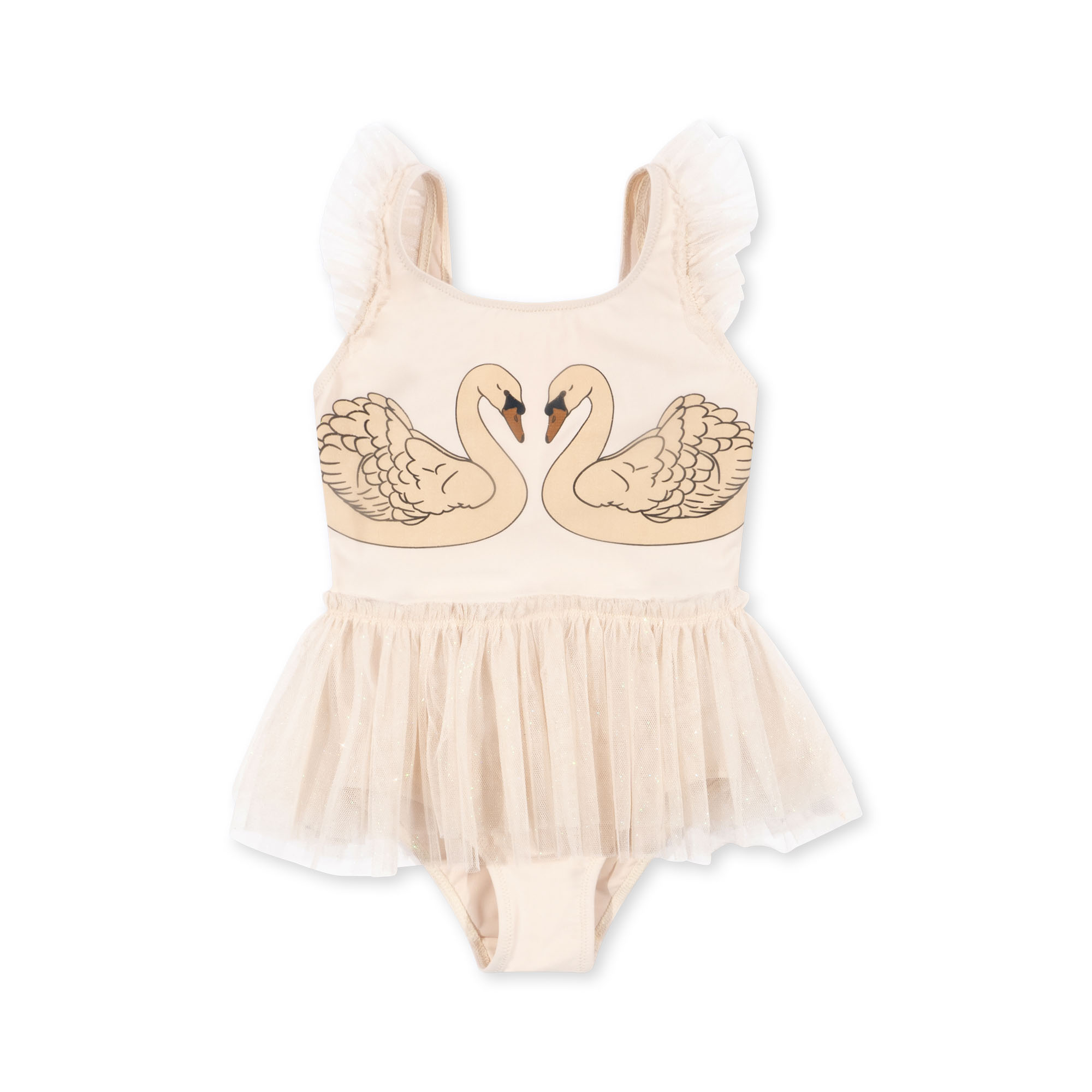 Kinder-Badekleid, beige, Schwanen-Aufdruck, Tüllrock, Rüschen-Träger.