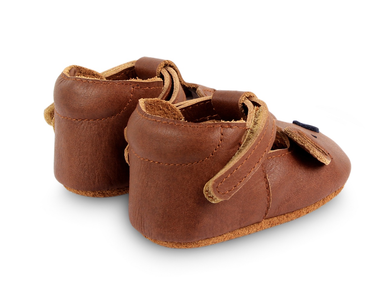 1002008_PU003_4 Braune Babyschuhe, Leder, doppelter Klettverschluss, weiche Sohle, runde Form.